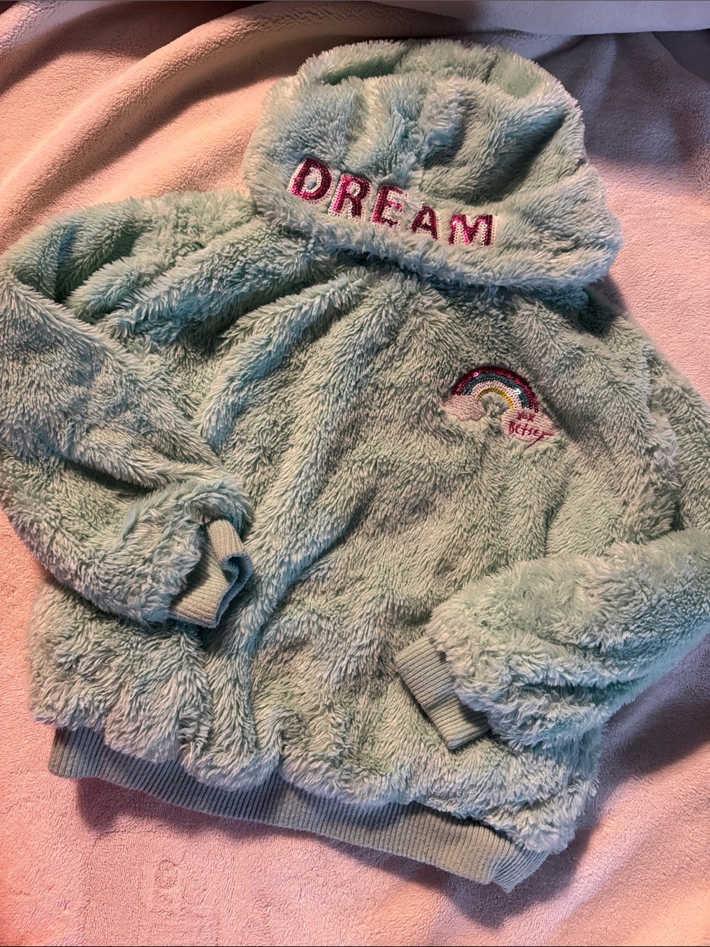 Betsy Johnson Mint Green Plush Hoodie with 'DREAM' Hood Embroidery rainbow
